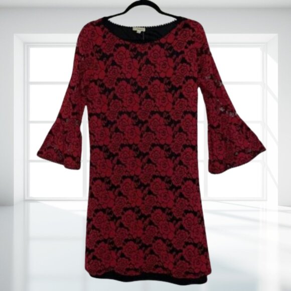 NWT Red Floral Lace Bell Sleeve Dress | Lined | Romantic Stretchy Fit | Size L - Picture 2 of 11